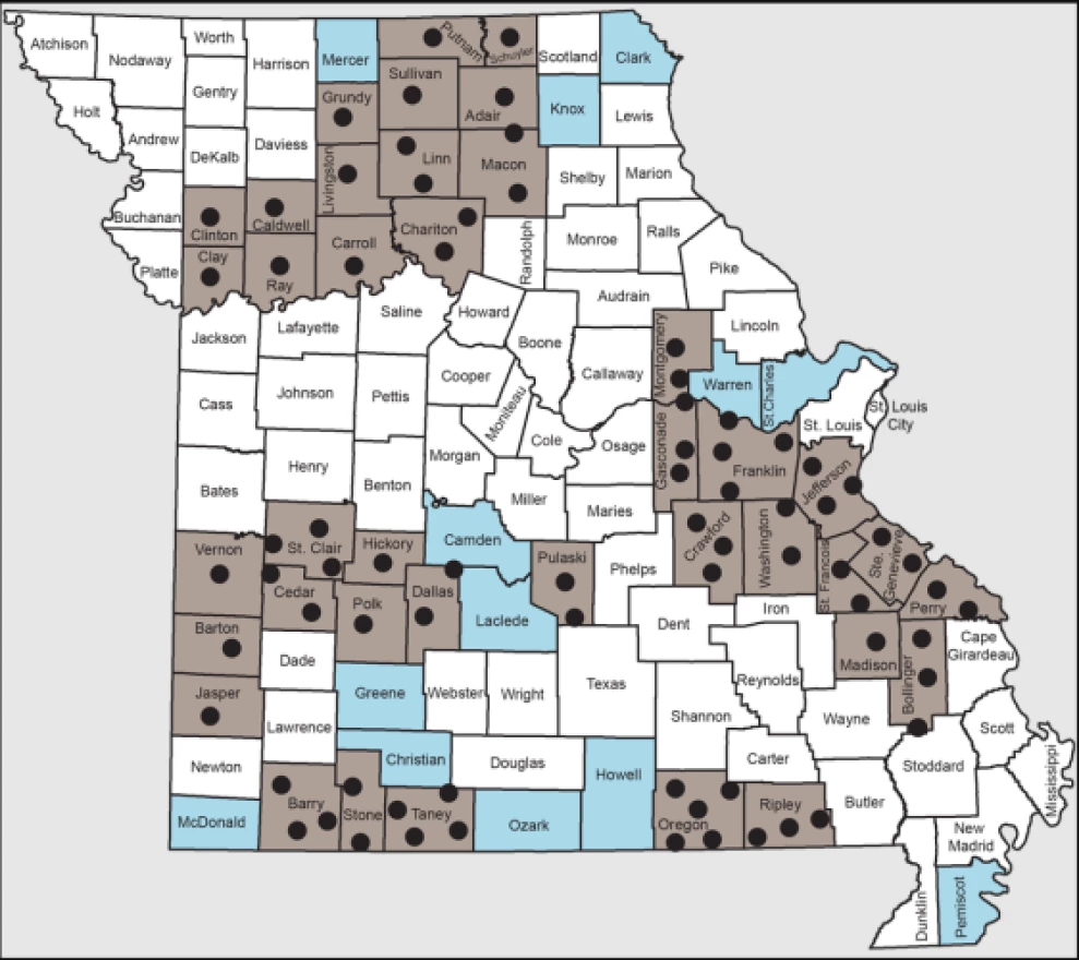 MDC designates counties (shown in brown and blue) where CWD has been found and counties within 10 miles of where CWD has been found as part of its CWD Management Zone. Special regulations apply in these counties. MDC will be conducting mandatory CWD sampling Nov. 11 and 12 in brown counties with sampling stations shown by the dots.